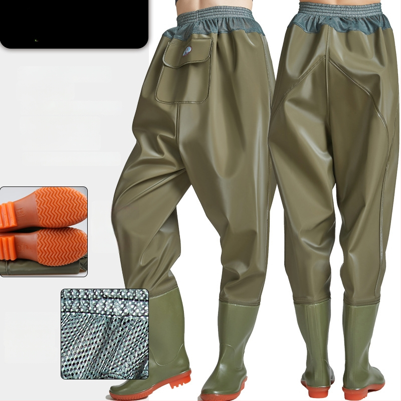 Vidukļa garuma PVC makšķerēšanas bikses ar 1 kabatu un integrētām lietus zābakiem, izturīgs adījuma audums, biezums 0,55–0,85 mm