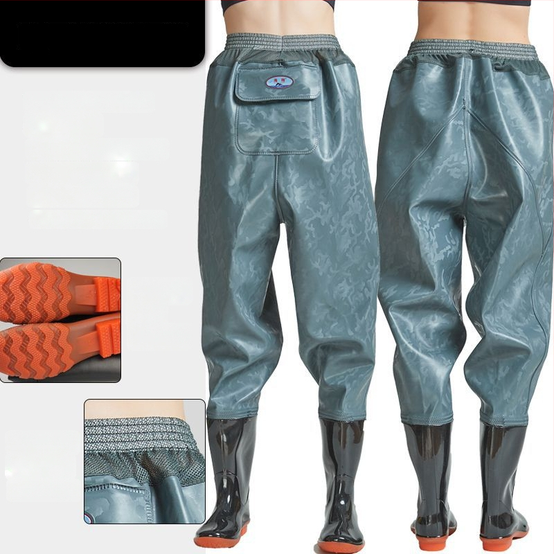 Vidukļa garuma PVC makšķerēšanas bikses ar 1 kabatu un integrētām lietus zābakiem, izturīgs adījuma audums, biezums 0,55–0,85 mm