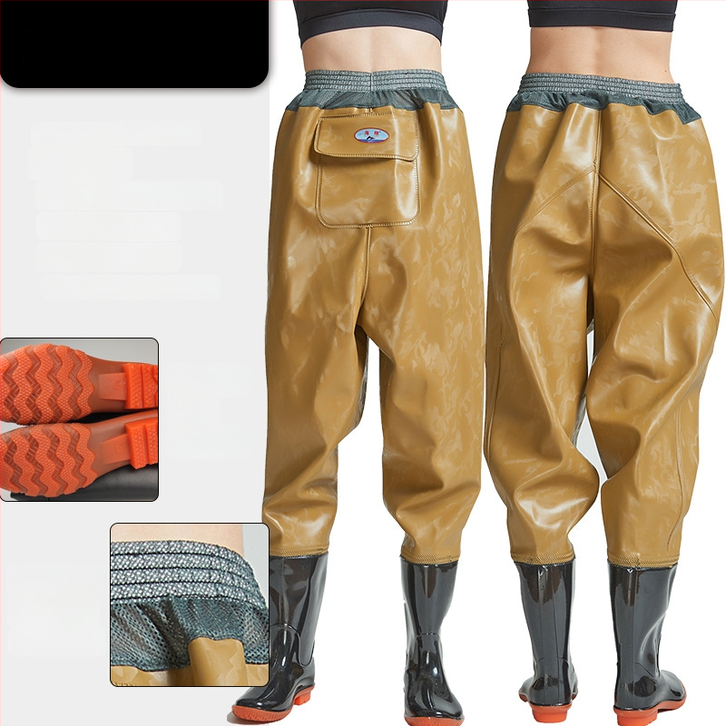 Vidukļa garuma PVC makšķerēšanas bikses ar 1 kabatu un integrētām lietus zābakiem, izturīgs adījuma audums, biezums 0,55–0,85 mm