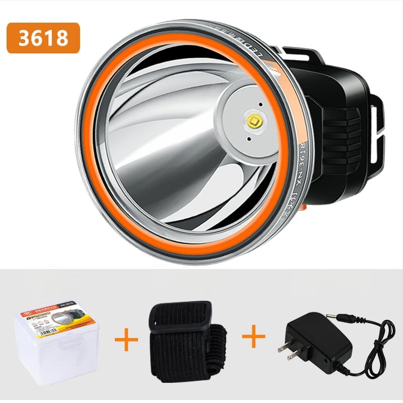 Frontala LED reîncărcabilă, baterie 2000mAh, putere 1W/3W/5W, acționare manuală, purtată pe cap pentru pescuit și activități în aer liber, încărcător inclus, rază până la 500 m