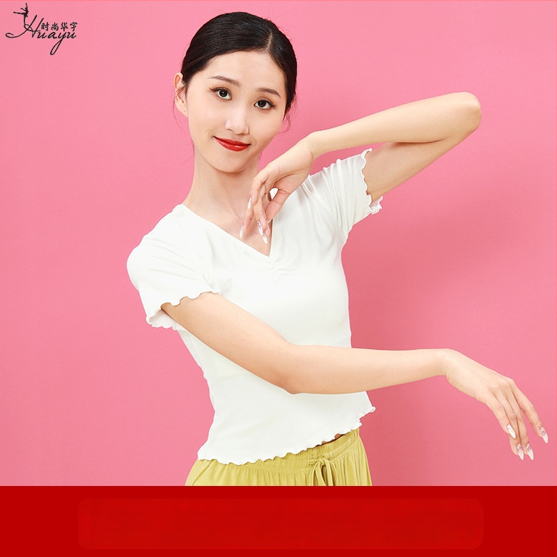 Sieviešu deju tops ar īsām piedurknēm un V-veida kaklu, šaura silueta, Modal audums, vasara 2025