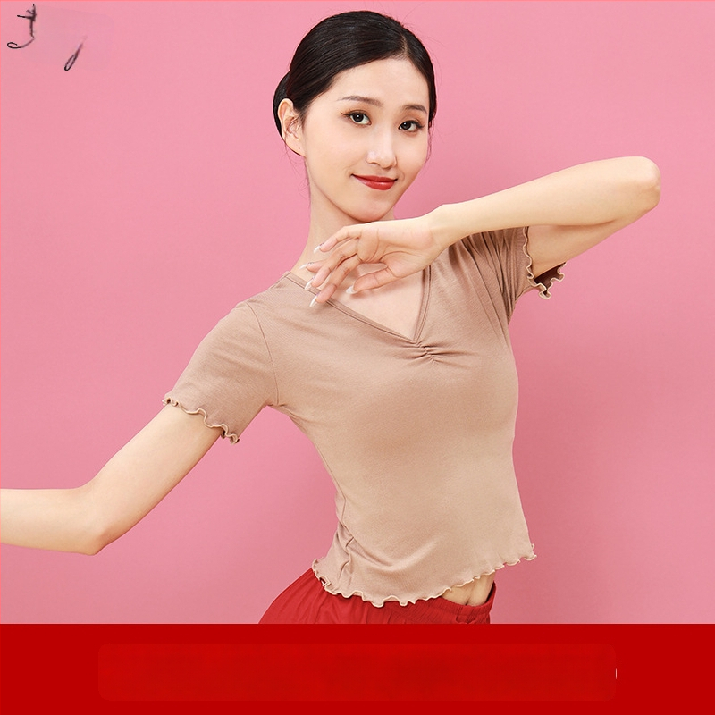 Sieviešu deju tops ar īsām piedurknēm un V-veida kaklu, šaura silueta, Modal audums, vasara 2025