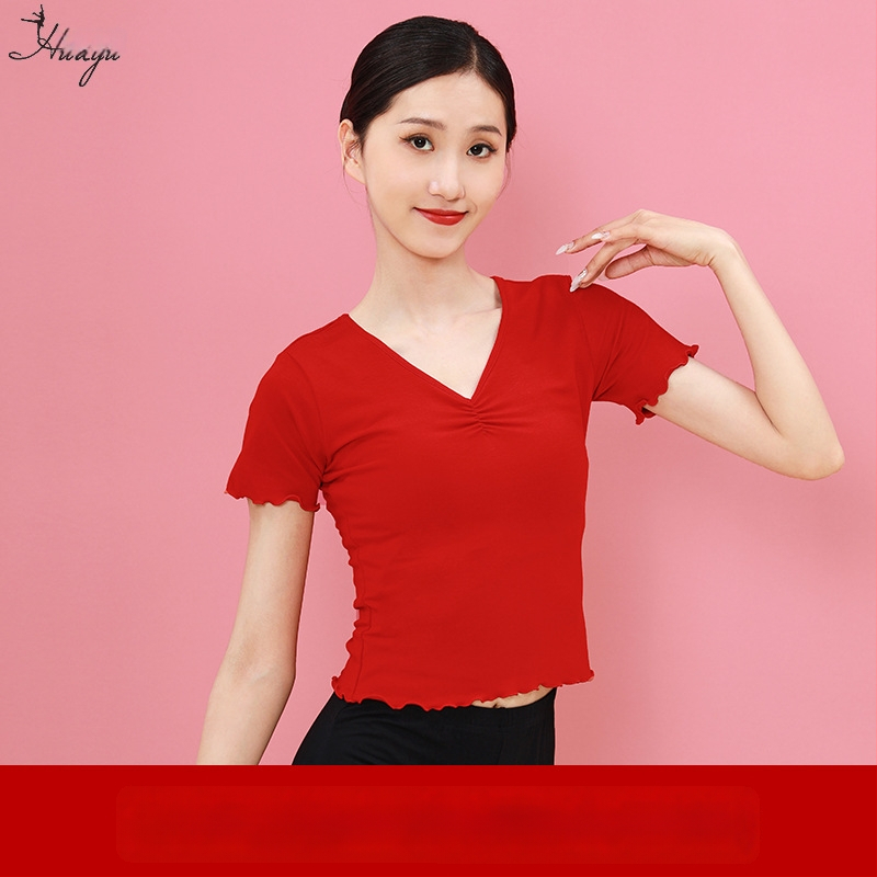 Sieviešu deju tops ar īsām piedurknēm un V-veida kaklu, šaura silueta, Modal audums, vasara 2025