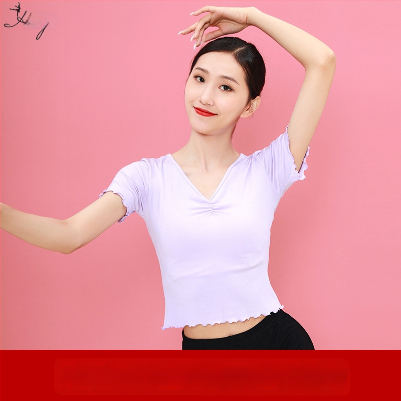 Sieviešu deju tops ar īsām piedurknēm un V-veida kaklu, šaura silueta, Modal audums, vasara 2025