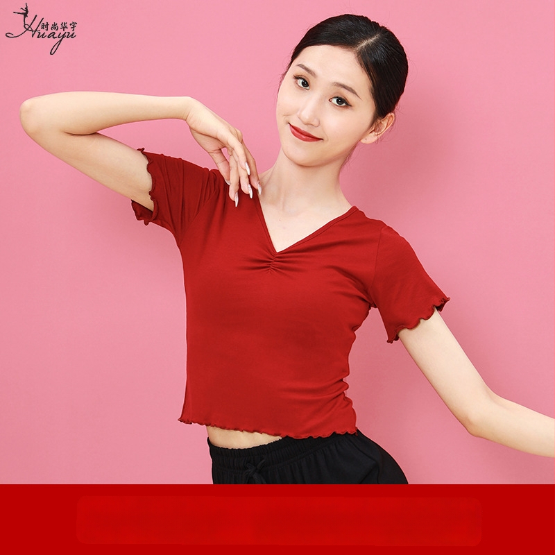 Sieviešu deju tops ar īsām piedurknēm un V-veida kaklu, šaura silueta, Modal audums, vasara 2025