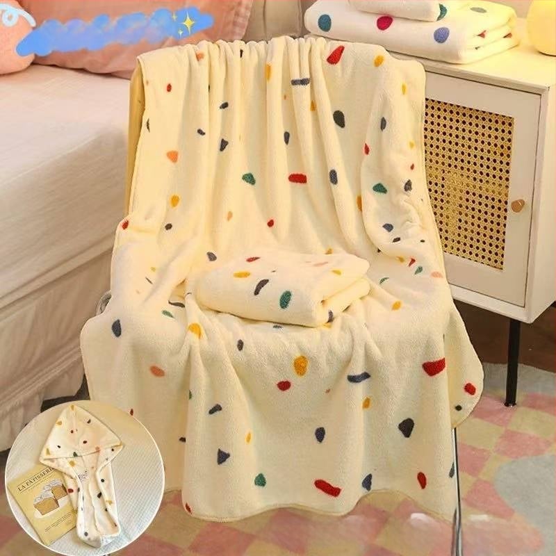 Πετσέτα μπάνιου με καπελάκι για στεγνώμα μαλλιών, πουά μοτίβο, φλίς κοραλλί, γρήγορο στέγνωμα, 150D