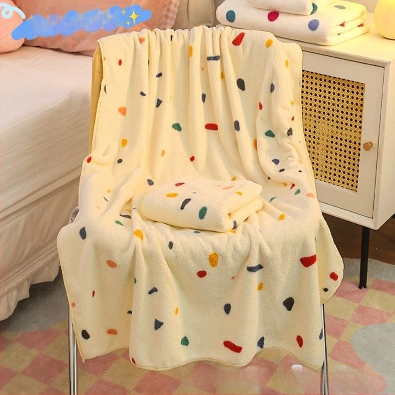 Πετσέτα μπάνιου με καπελάκι για στεγνώμα μαλλιών, πουά μοτίβο, φλίς κοραλλί, γρήγορο στέγνωμα, 150D