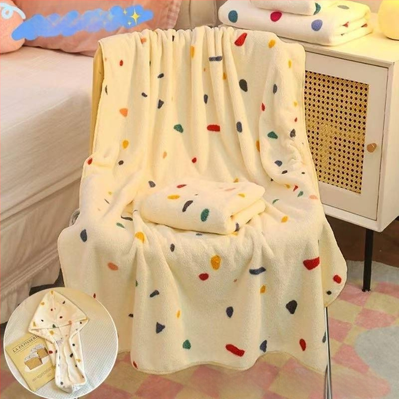 Πετσέτα μπάνιου με καπελάκι για στεγνώμα μαλλιών, πουά μοτίβο, φλίς κοραλλί, γρήγορο στέγνωμα, 150D