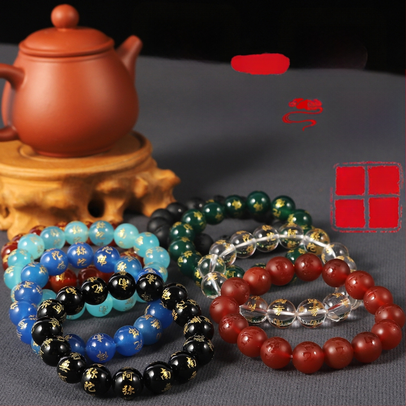 Агатова гривна с гравиран надпис Namo Amitabha Buddha, унисекс, етно стил