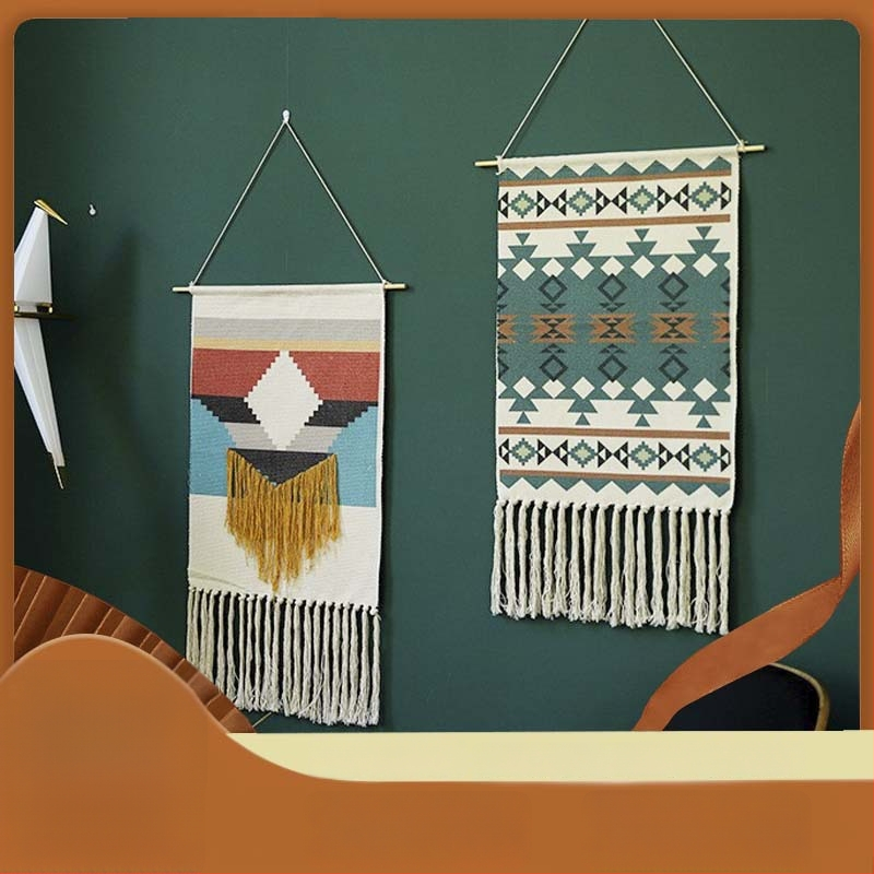 Μοντέρνο υφαντό τοίχου από λινό, χειροποίητο, γεωμετρικό αφηρημένο μοτίβο, ορθογώνιο σχήμα