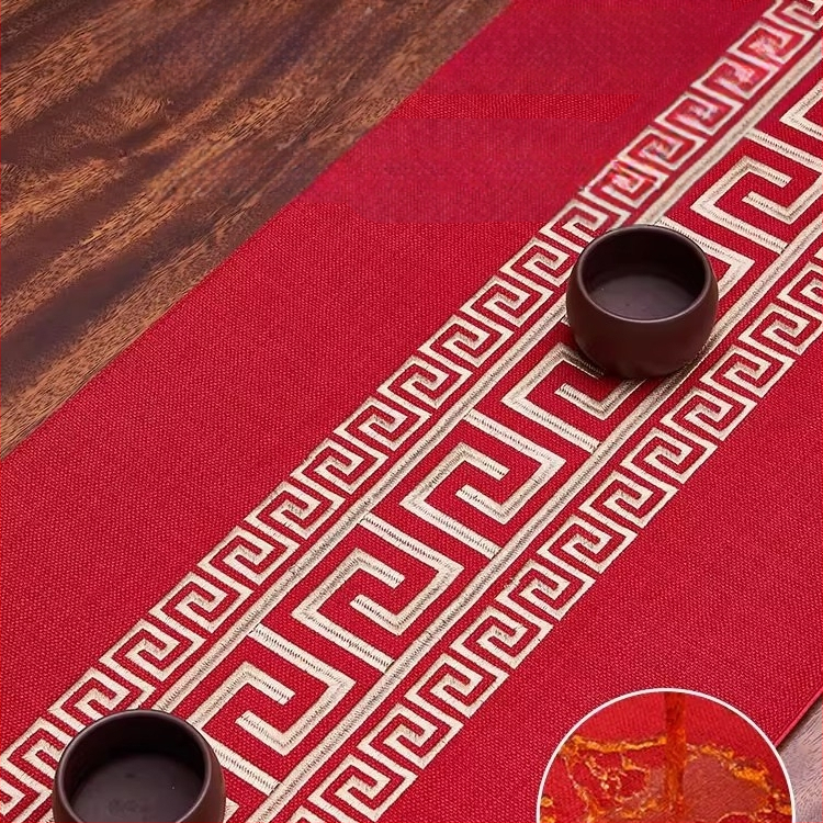 Пътека за маса от лен, мрежест модел, новокитайски стил с дзен вдъхновение, персонализируема