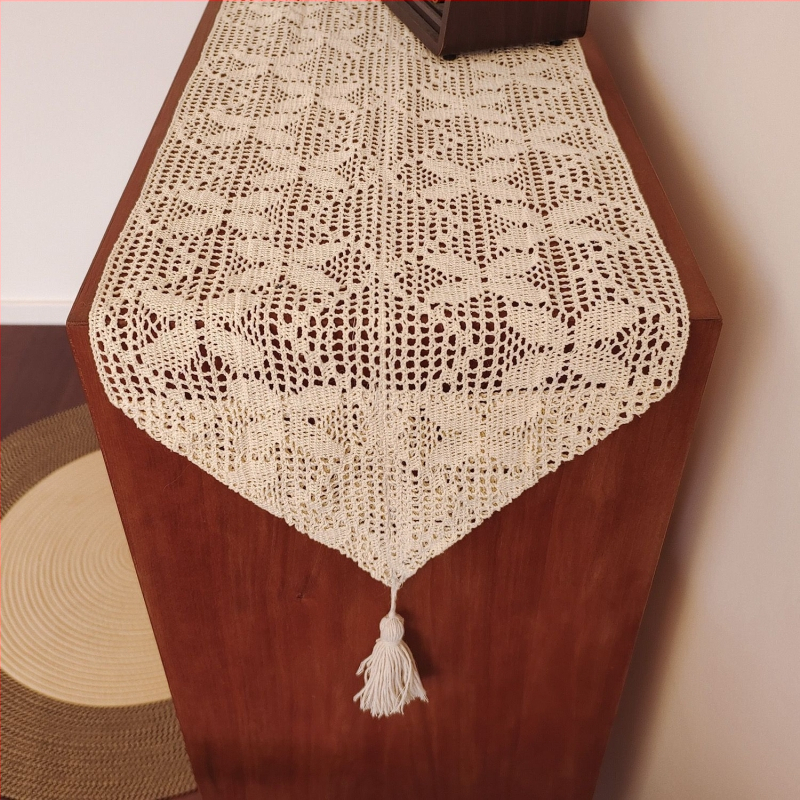 Дълга декоративна покривка за маса в американски стил с ажурна дантела от полиестерно‑памучен бленд, геометричен абстрактен модел