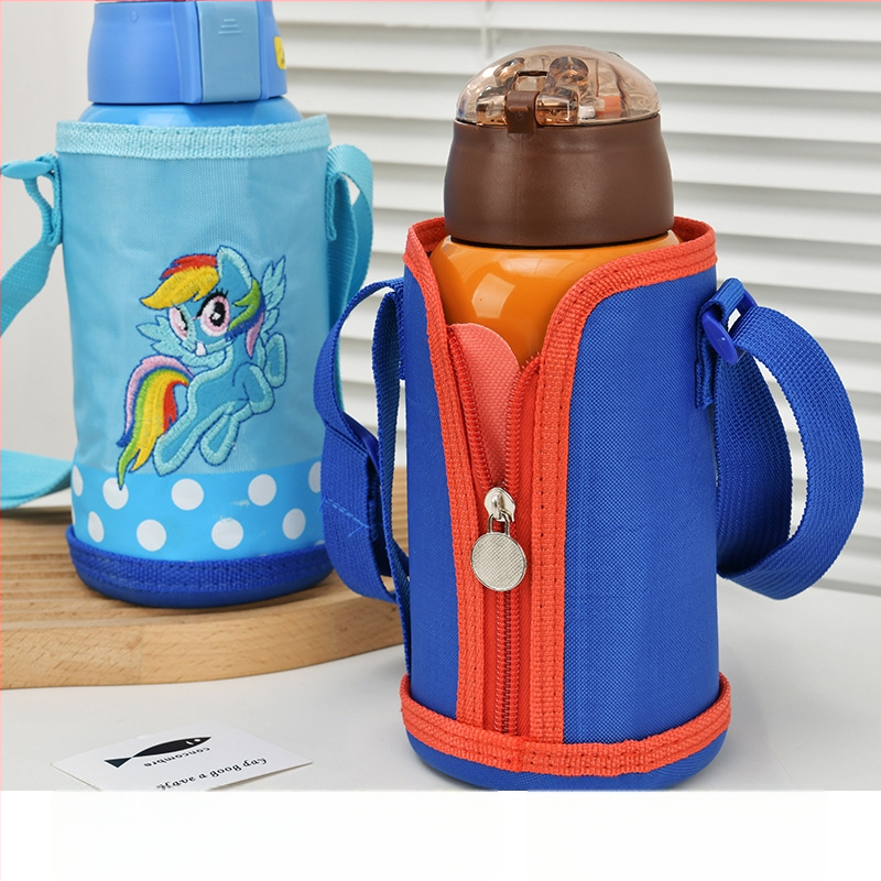 Vaikų izoliacinis vandens buteliuko dėklas su petnešėle, animacinis stilius (BT019, audinys, logotipas atspausdintas)