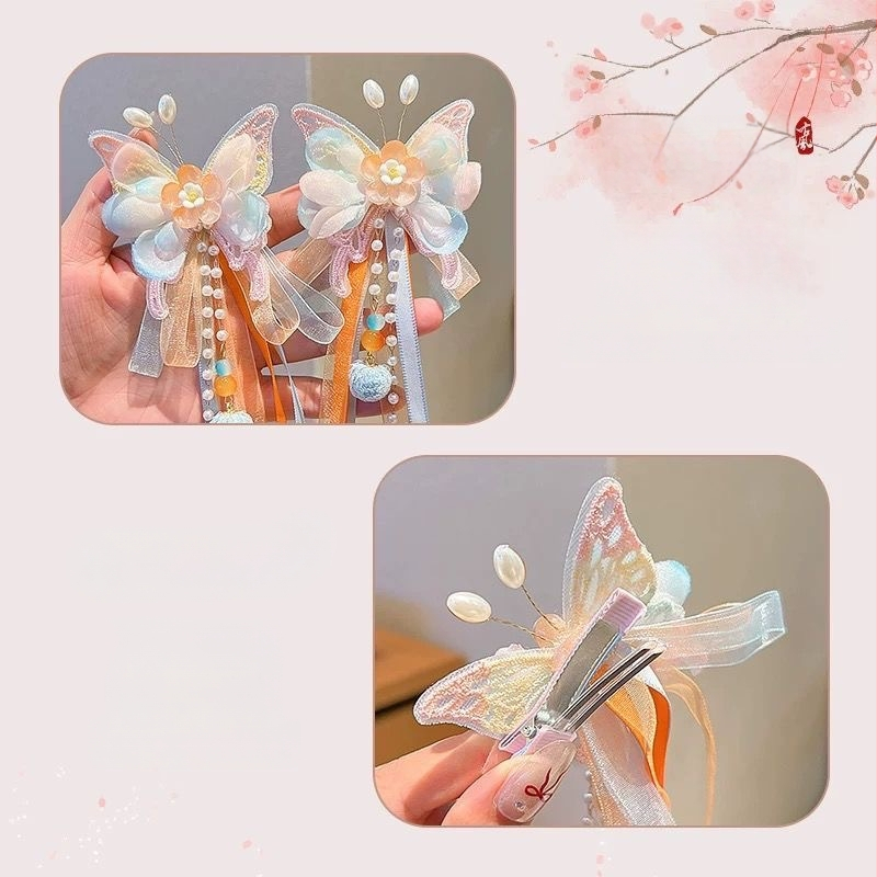 Bērnu matu sprādze senlaicīgā stilā ar pūciņu un ziedu – roku darbs, klips, izšūta tauriņa, Princeses sērija