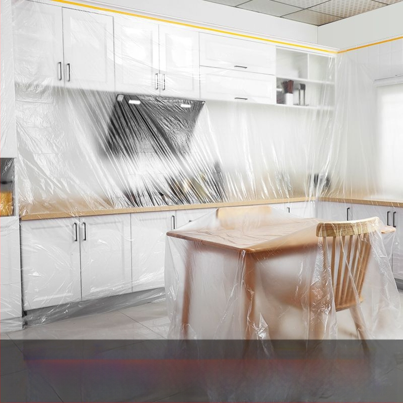 Еднократна прахоустойчива филмова защита за мебели за дневна стая – полиетиленова покривна обвивка за диван, нощно шкафче и шкаф – прост и модерен стил