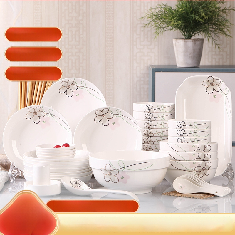 Keraminis stalo servizo rinkinys: ryžių dubenėliai, sriubos dubenėliai ir lėkštės; kaulinis porcelianas (>36% kaulo); gėlių raštas; dažyta glazūra; tinkamas mikrobangų krosnelėms.