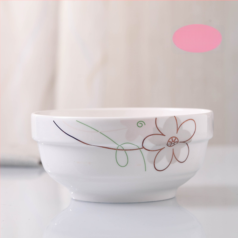 Keraminis stalo servizo rinkinys: ryžių dubenėliai, sriubos dubenėliai ir lėkštės; kaulinis porcelianas (>36% kaulo); gėlių raštas; dažyta glazūra; tinkamas mikrobangų krosnelėms.