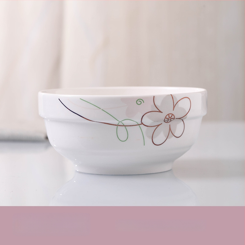 Keraminis stalo servizo rinkinys: ryžių dubenėliai, sriubos dubenėliai ir lėkštės; kaulinis porcelianas (>36% kaulo); gėlių raštas; dažyta glazūra; tinkamas mikrobangų krosnelėms.