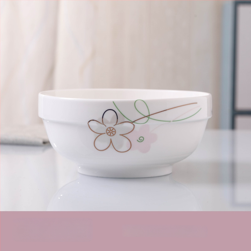 Keraminis stalo servizo rinkinys: ryžių dubenėliai, sriubos dubenėliai ir lėkštės; kaulinis porcelianas (>36% kaulo); gėlių raštas; dažyta glazūra; tinkamas mikrobangų krosnelėms.