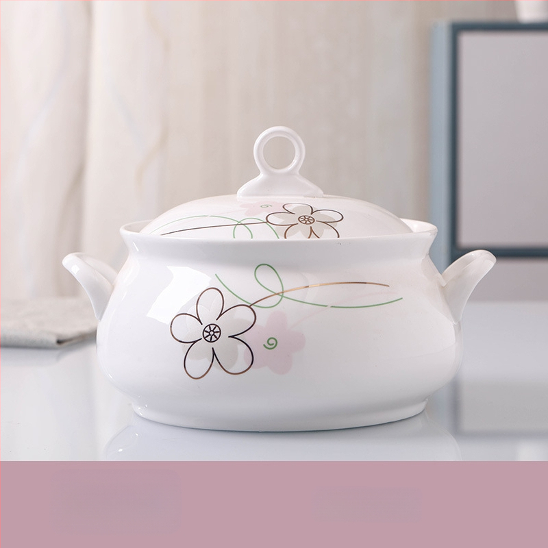 Keraminis stalo servizo rinkinys: ryžių dubenėliai, sriubos dubenėliai ir lėkštės; kaulinis porcelianas (>36% kaulo); gėlių raštas; dažyta glazūra; tinkamas mikrobangų krosnelėms.