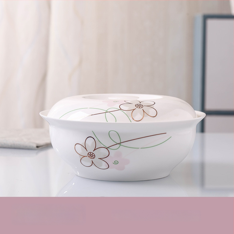 Keraminis stalo servizo rinkinys: ryžių dubenėliai, sriubos dubenėliai ir lėkštės; kaulinis porcelianas (>36% kaulo); gėlių raštas; dažyta glazūra; tinkamas mikrobangų krosnelėms.