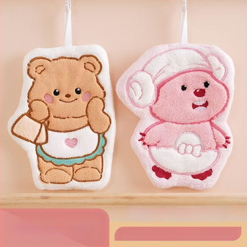 Prosop de mână din fleece coral, cu motiv ursuleț drăguț, cu posibilitate de agățare, absorbant și moale (Material: coral fleece; 30–50 g; Fire: 150D; Broderie)