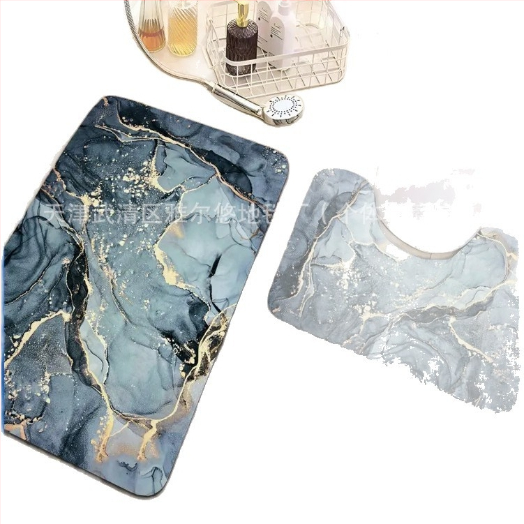 Двоен комплект килимчета за баня и тоалетна – полиестер, дигитален печат, квадратна форма, шарки: ивици, едноцветни или геометрични, миещи се, минималистичен скандинавски стил