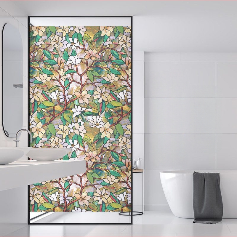 Stikla loga filma bez līmes, matēts ziedu motīvs, PVC, pašlīmējošs, Eiropas stila apglezots dizains