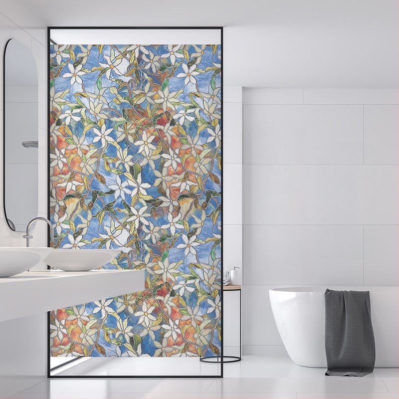 Stikla loga filma bez līmes, matēts ziedu motīvs, PVC, pašlīmējošs, Eiropas stila apglezots dizains