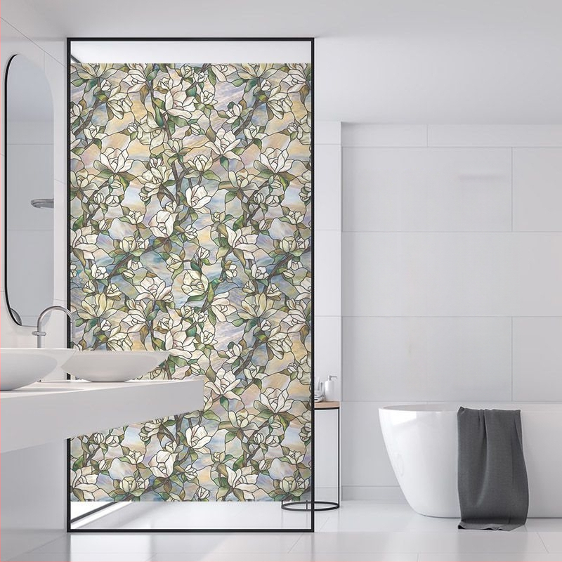 Stikla loga filma bez līmes, matēts ziedu motīvs, PVC, pašlīmējošs, Eiropas stila apglezots dizains