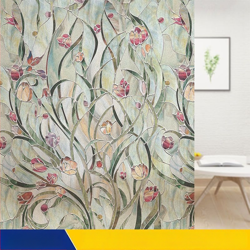 Stikla loga filma bez līmes, matēts ziedu motīvs, PVC, pašlīmējošs, Eiropas stila apglezots dizains