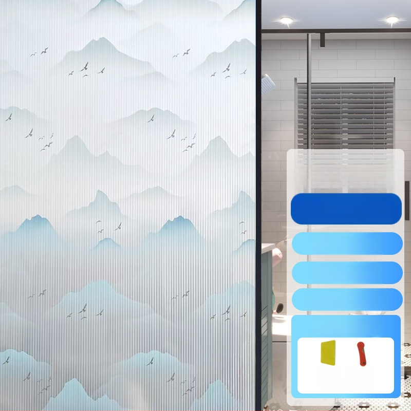 Stikla logu privātuma aizsardzības filma – matēta, ļauj gaisamai cauri; Materiāls: PVC; Līme: elektrostatiskā; Stils: mūsdienu vienkāršība; Telpas: dzīvojamā istaba, guļamistaba, vannas istaba