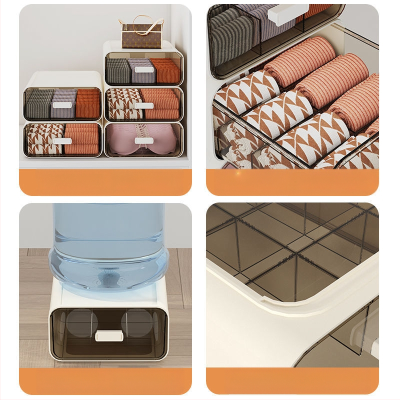 Apakšveļas uzglabāšanas kārba ar atvilktnēm, 3 vienā dizains, 18 l tilpums, polipropilēns, koka raksts, japāņu stila garderobes organizētājs