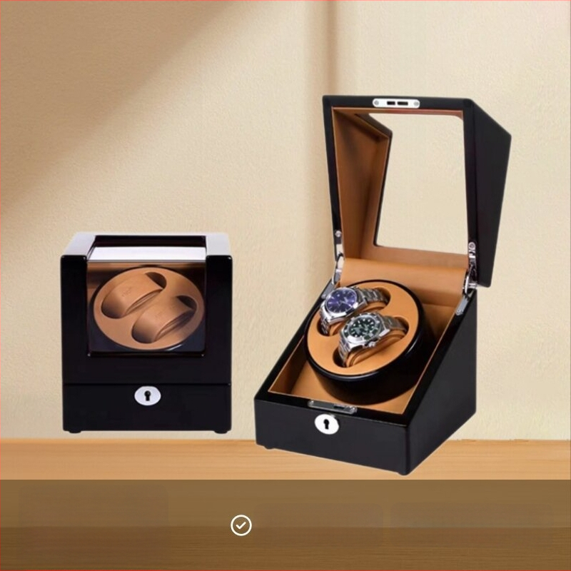 Mechaninė laikrodžių vyniojimo dėžutė – laikrodžių saugojimo dėklas su automatinio vyniojimo funkcija, anti-magnetinis, 2+0 dizainas; kietas medis su PU oda, veliūro vidus ir pianino lakas paviršius.