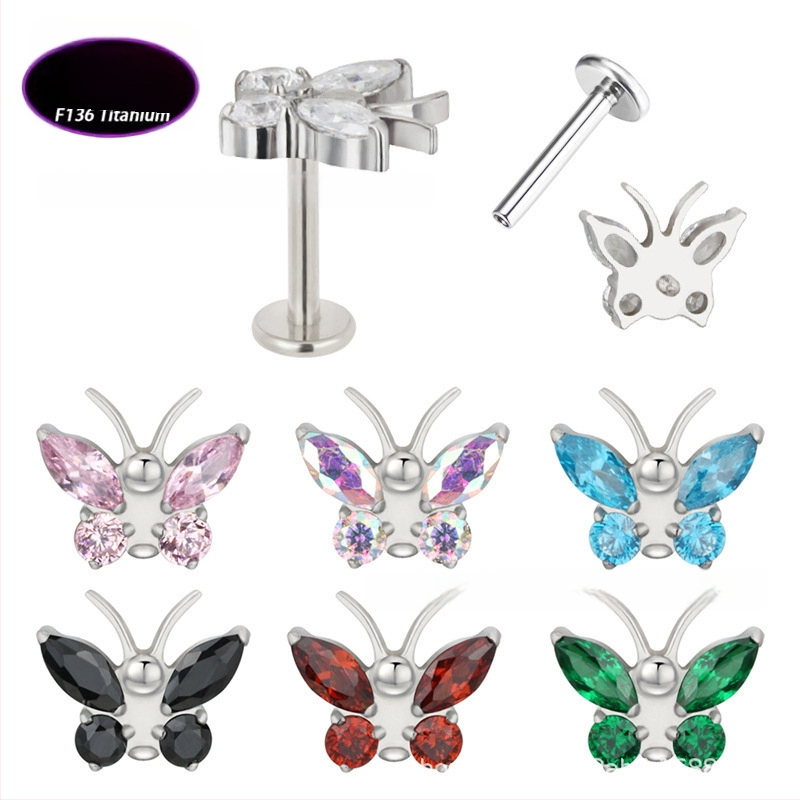 Lūpų papuošalas – drugelio formos titano lydinio su cirkonio kristalais (5A), grynumas G23