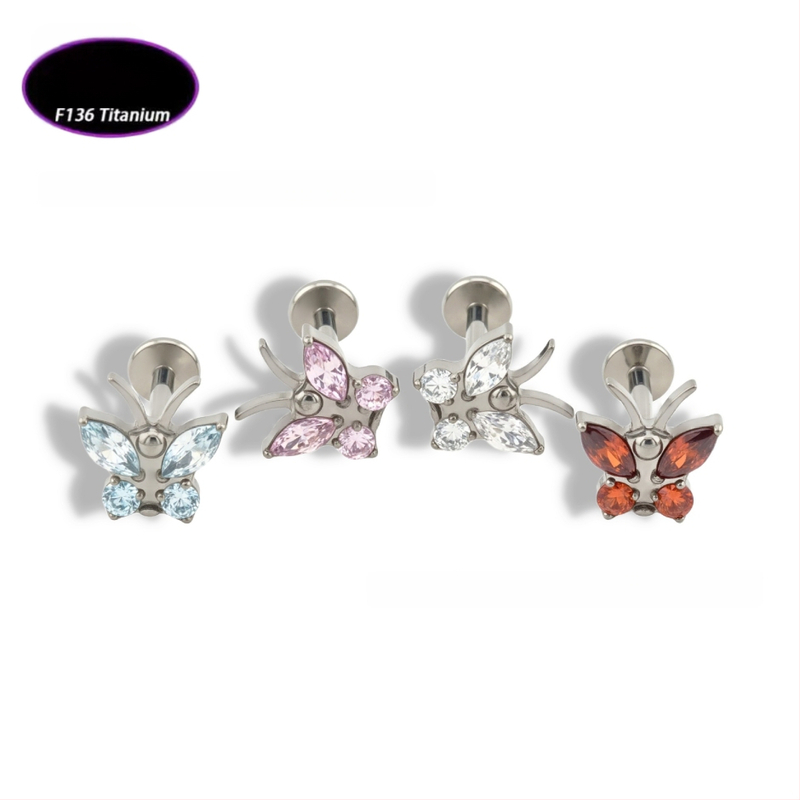 Lūpų papuošalas – drugelio formos titano lydinio su cirkonio kristalais (5A), grynumas G23