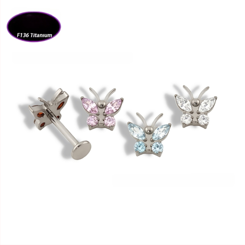 Lūpų papuošalas – drugelio formos titano lydinio su cirkonio kristalais (5A), grynumas G23