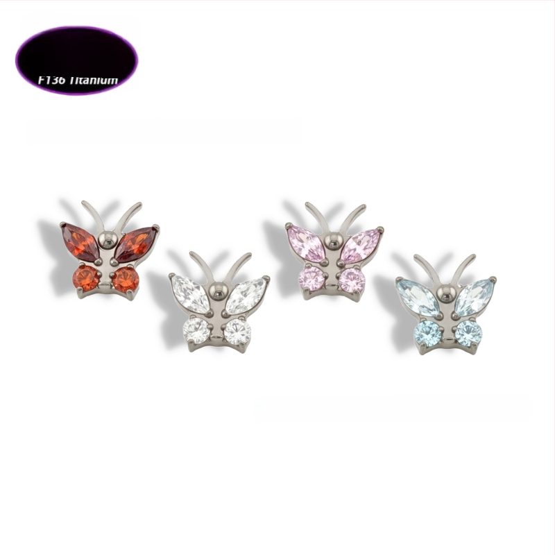 Lūpų papuošalas – drugelio formos titano lydinio su cirkonio kristalais (5A), grynumas G23