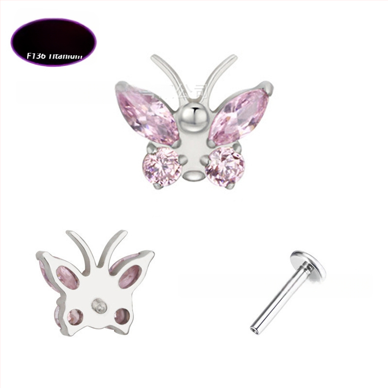 Lūpų papuošalas – drugelio formos titano lydinio su cirkonio kristalais (5A), grynumas G23