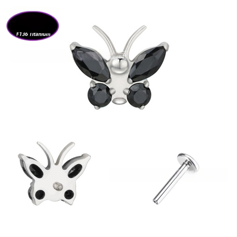 Lūpų papuošalas – drugelio formos titano lydinio su cirkonio kristalais (5A), grynumas G23