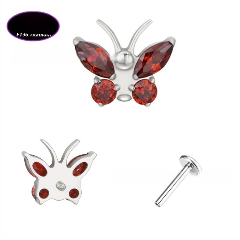 Lūpų papuošalas – drugelio formos titano lydinio su cirkonio kristalais (5A), grynumas G23