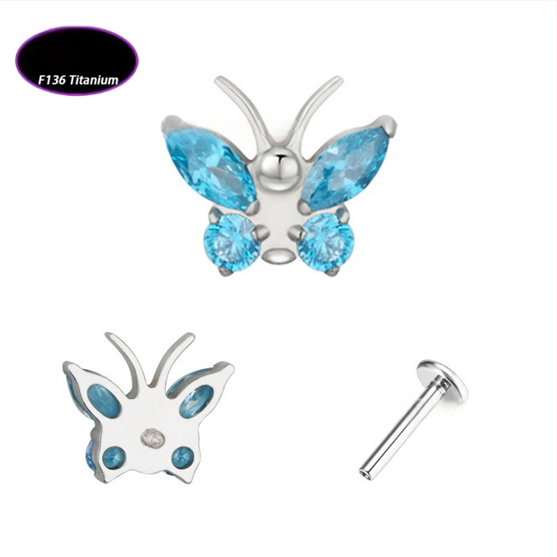 Lūpų papuošalas – drugelio formos titano lydinio su cirkonio kristalais (5A), grynumas G23