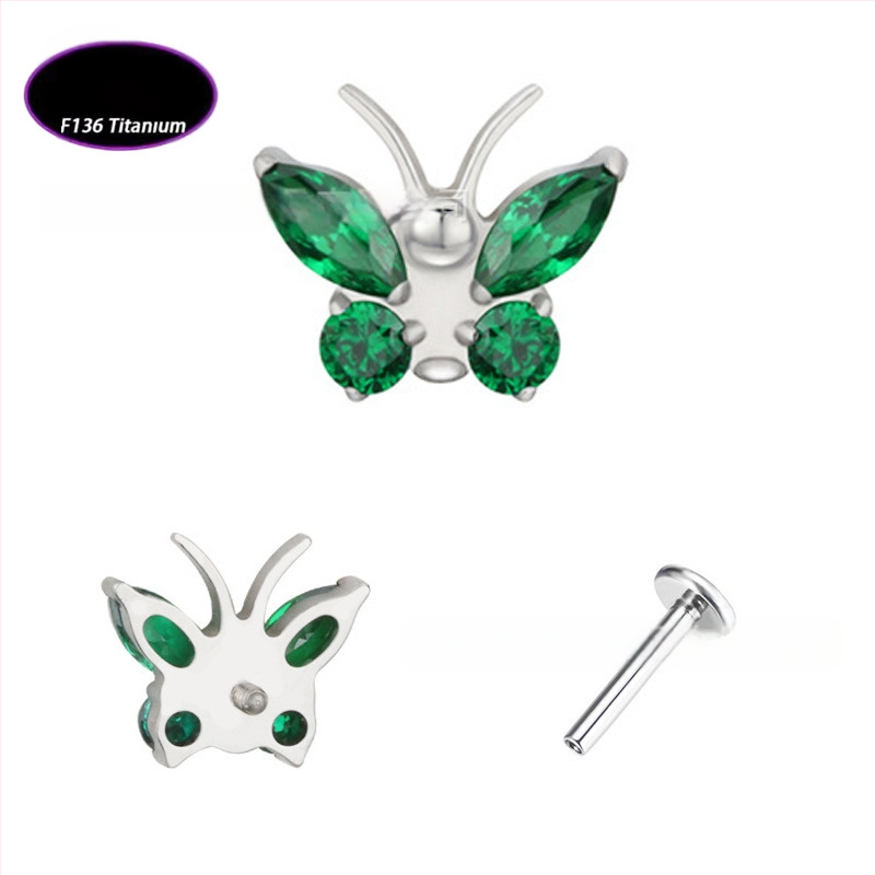 Lūpų papuošalas – drugelio formos titano lydinio su cirkonio kristalais (5A), grynumas G23