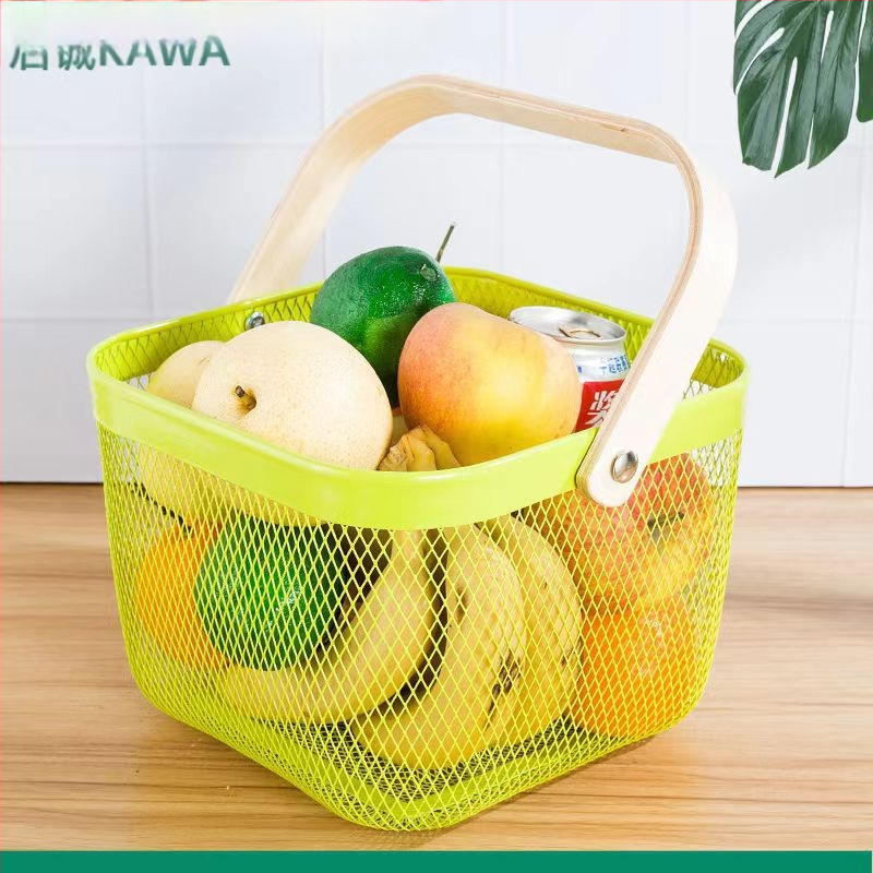 Καλάθι φρούτων και λαχανικών από σίδηρο και ξύλο, τετράγωνο μοντέλο (μεγάλο/μεσαίο), μοντέρνο μινιμαλιστικό στυλ