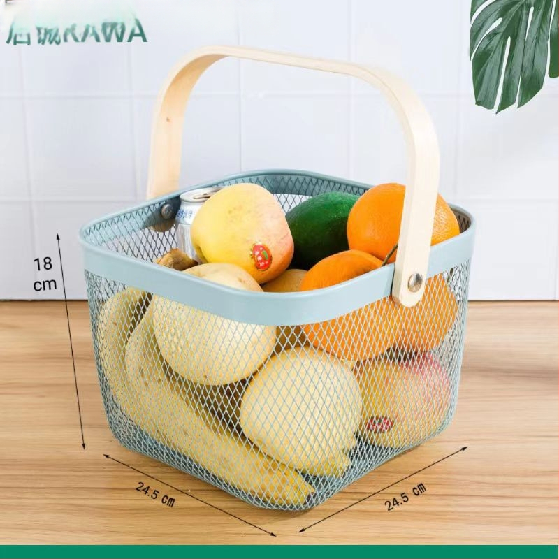 Καλάθι φρούτων και λαχανικών από σίδηρο και ξύλο, τετράγωνο μοντέλο (μεγάλο/μεσαίο), μοντέρνο μινιμαλιστικό στυλ