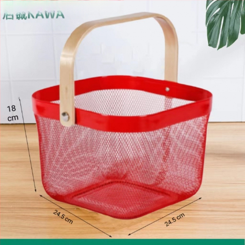 Καλάθι φρούτων και λαχανικών από σίδηρο και ξύλο, τετράγωνο μοντέλο (μεγάλο/μεσαίο), μοντέρνο μινιμαλιστικό στυλ