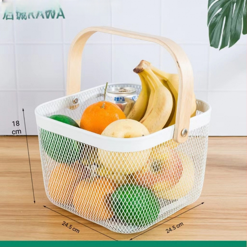 Καλάθι φρούτων και λαχανικών από σίδηρο και ξύλο, τετράγωνο μοντέλο (μεγάλο/μεσαίο), μοντέρνο μινιμαλιστικό στυλ