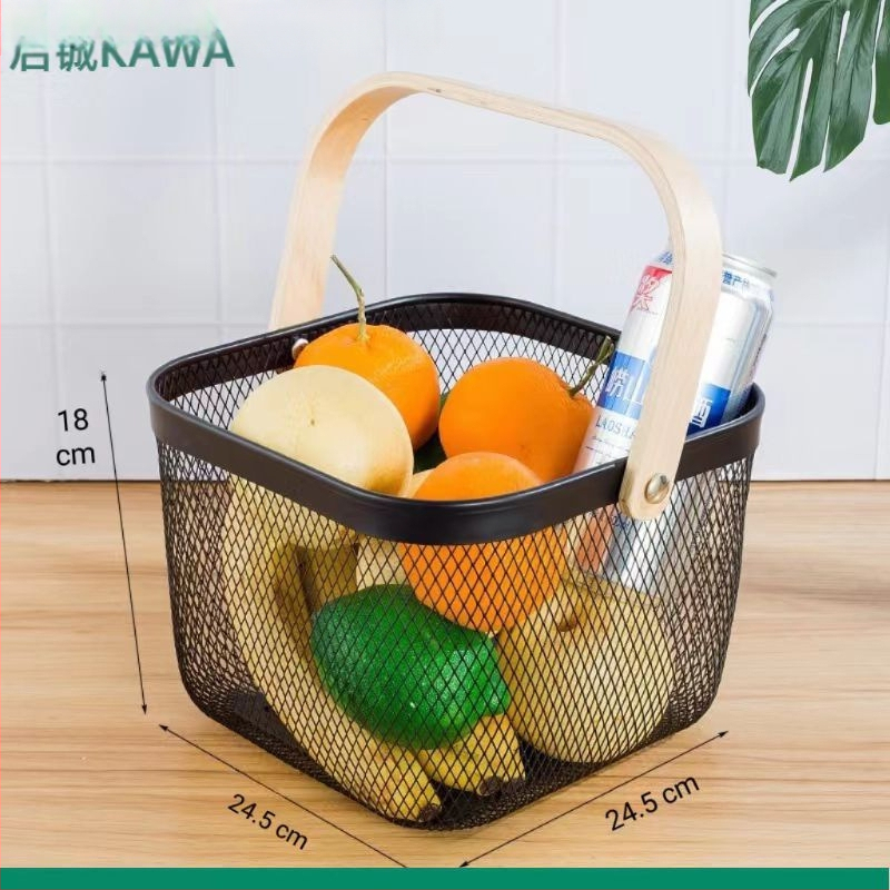 Καλάθι φρούτων και λαχανικών από σίδηρο και ξύλο, τετράγωνο μοντέλο (μεγάλο/μεσαίο), μοντέρνο μινιμαλιστικό στυλ