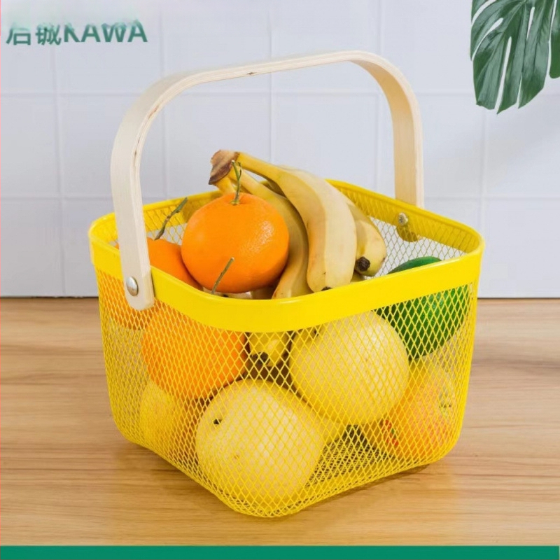 Καλάθι φρούτων και λαχανικών από σίδηρο και ξύλο, τετράγωνο μοντέλο (μεγάλο/μεσαίο), μοντέρνο μινιμαλιστικό στυλ