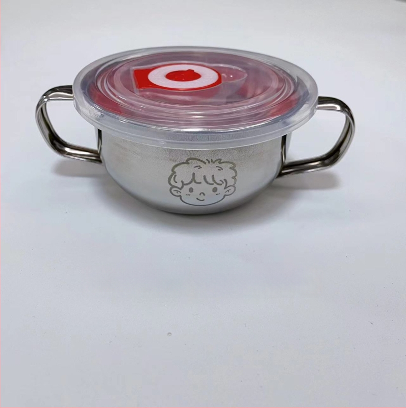 Vaikų dubuo iš 304 nerūdijančio plieno su dvigubomis rankenėlėmis, maisto kokybės, mikrobangų krosnelė saugi, apvalios formos, skirtas valgymams